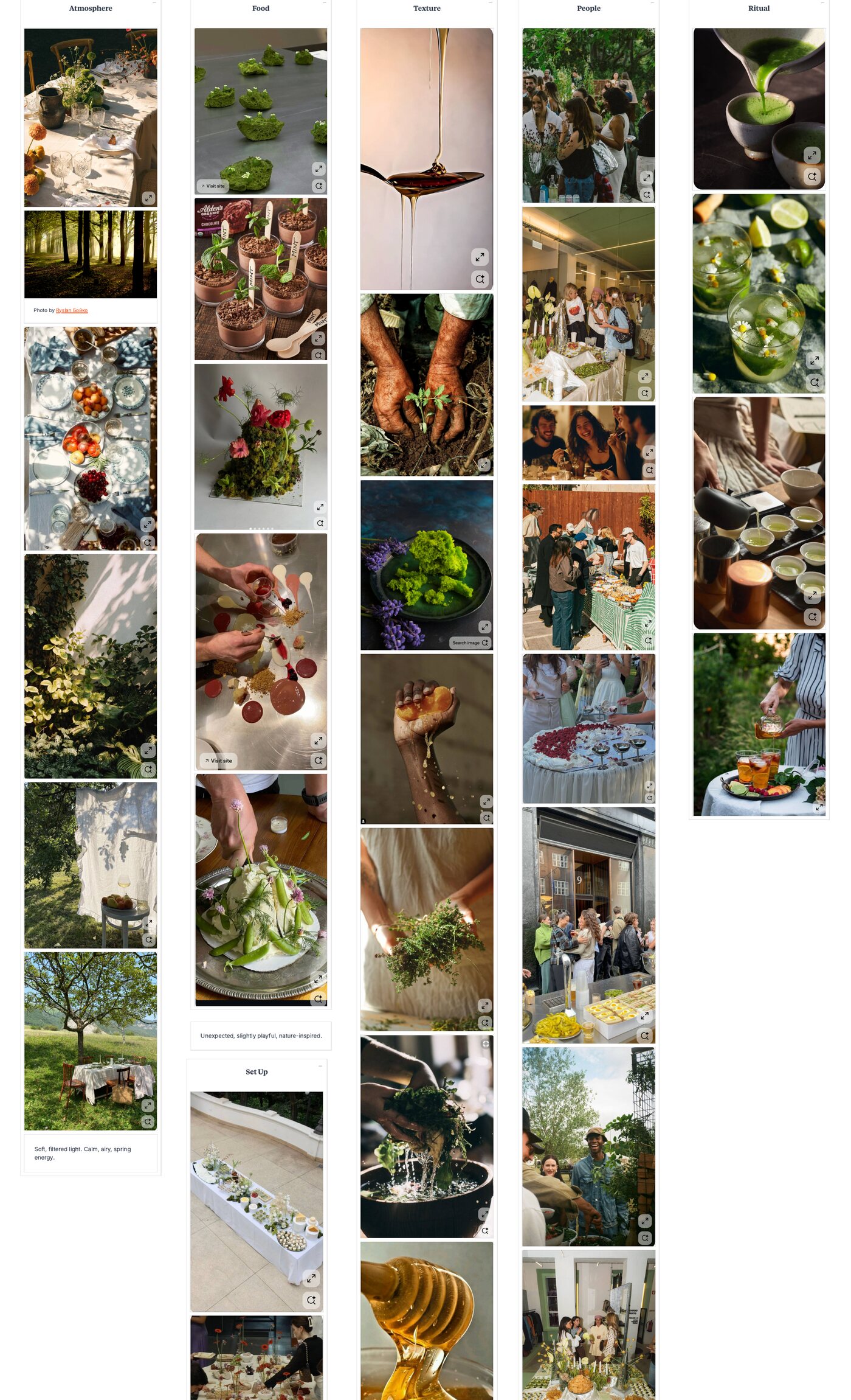 Creative direction board organized around atmosphere, food, texture, people, ritual, and movement