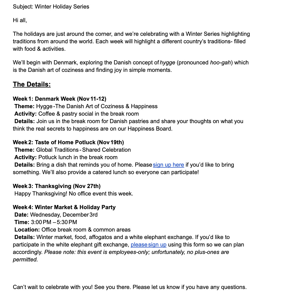 Winter Traditions series email outlining four weeks of cultural programming culminating in an immersive winter market