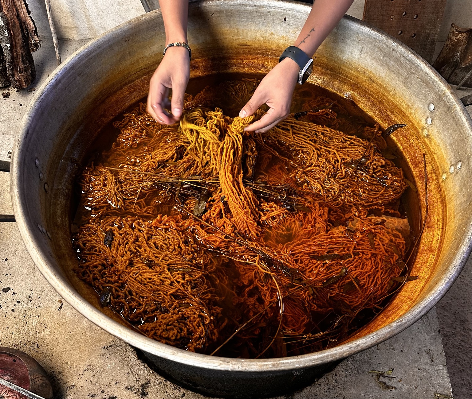 Hands lifting ochre yarn from a natural dye vat